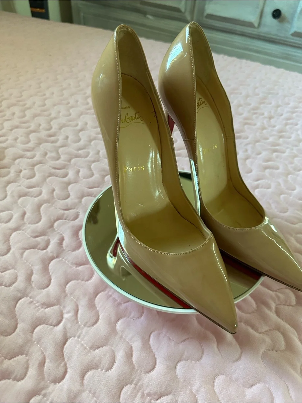 Christian Louboutin Nude Patent Pointed-Toe Pumps with Red Soles